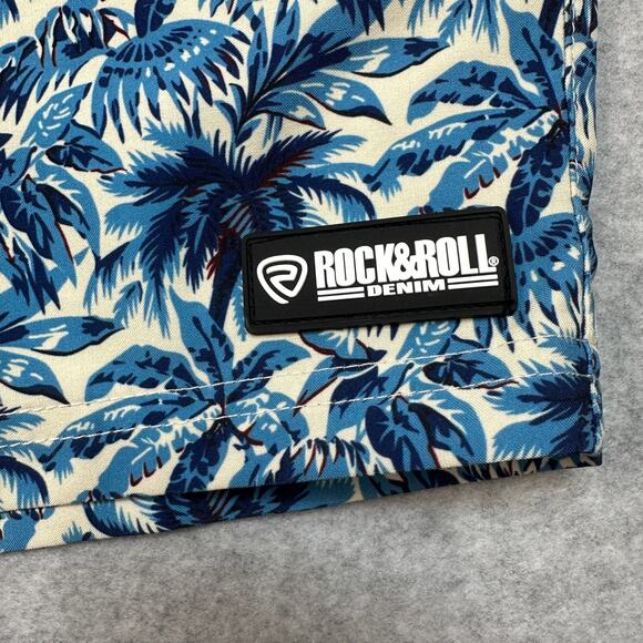 Rock & Roll Denim Swim Short Mens S Tropical Volley Blue Cream Stretch Pull On - Picture 3 of 13